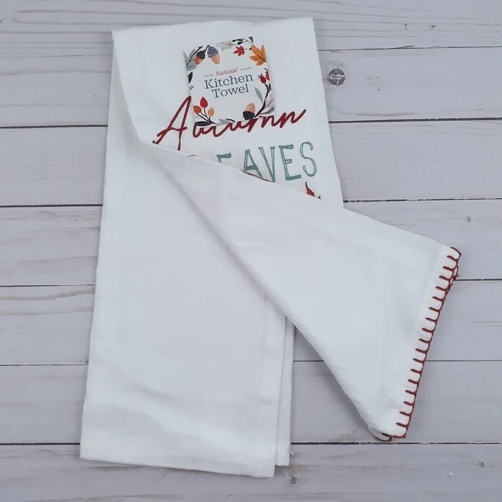 Fall Flour Sack Kitchen Towel Autumn Leaves and Cozy Sweaters Please